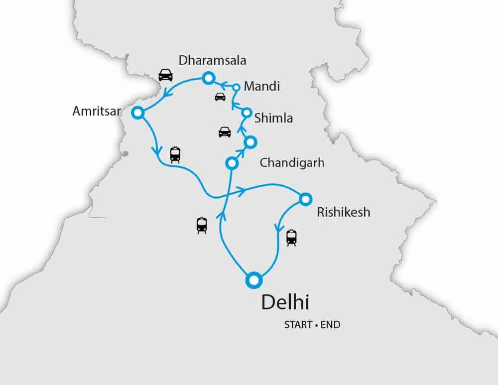 location of the places we cover in our North India Hills & Beyond Tour are marked on India map