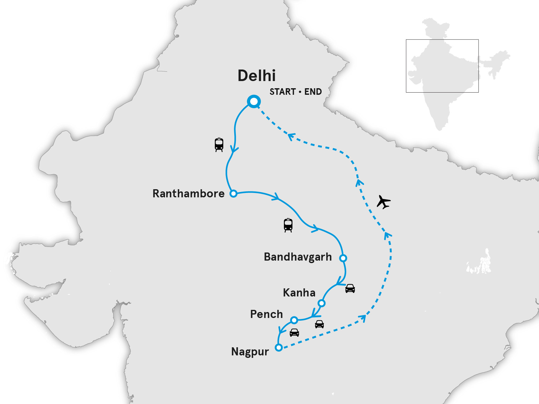 map of safari tour including points of Delhi, Ranthanbore, Bandhavgarh, Kanha, Pench and Nagpur by Reality Tours and Travel.