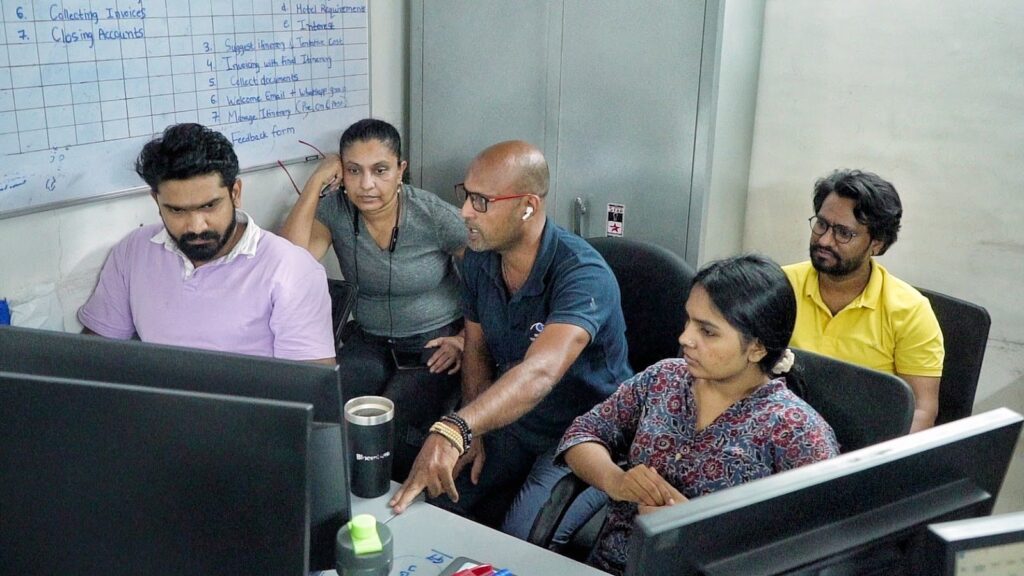 krishna along with other collegues palnning the itenery for multiday tours for tourists
