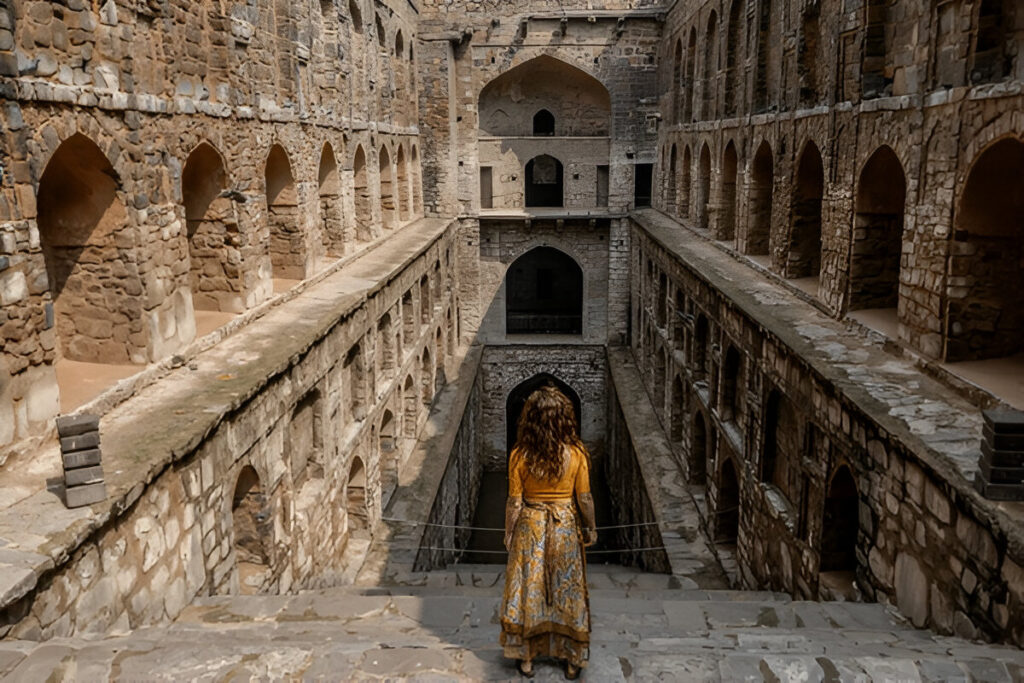 Woman standing at the steps of the centuries-old Agrasen Ki Baoli – A Hidden Tale of Delhi’s Ancient Stepwells, with arched stone corridors.