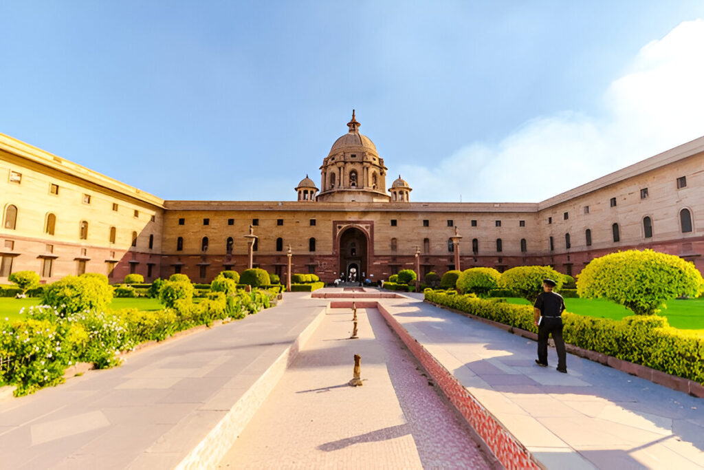 Majestic domed architecture and symmetrical gardens of the Rashtrapati Bhavan, the presidential residence in Delhi.