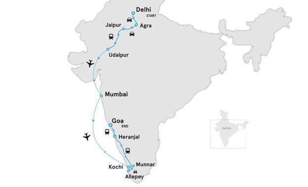 Travel map of an Indian food tour, highlighting regional culinary destinations from North to South India for travelers.