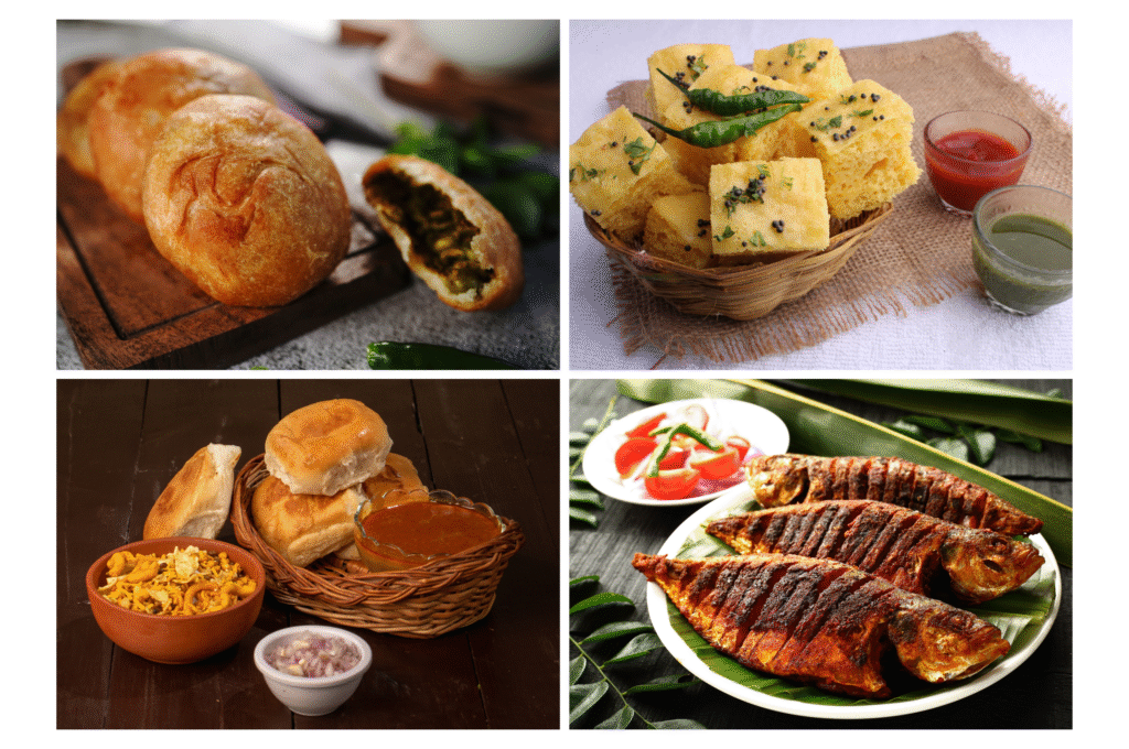 Indian snacks like fish fry, dhokala, kachori and misal pav.