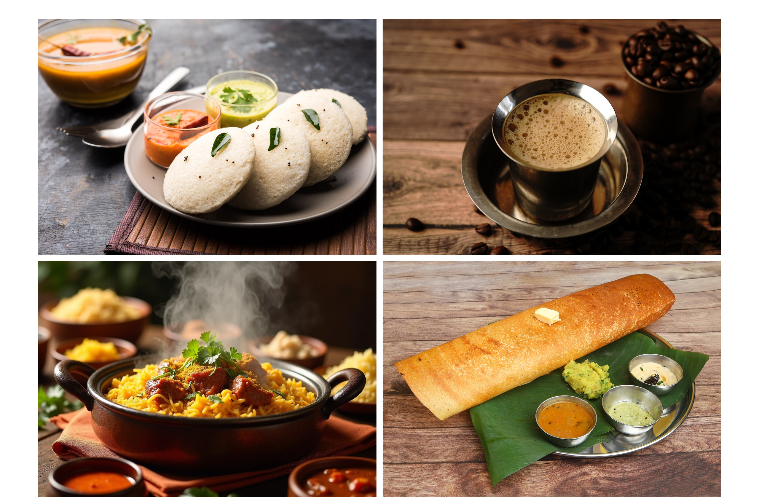 South Indian Cuisine which includes idli chutney, coffe, dosa sambhar and lemon rice.