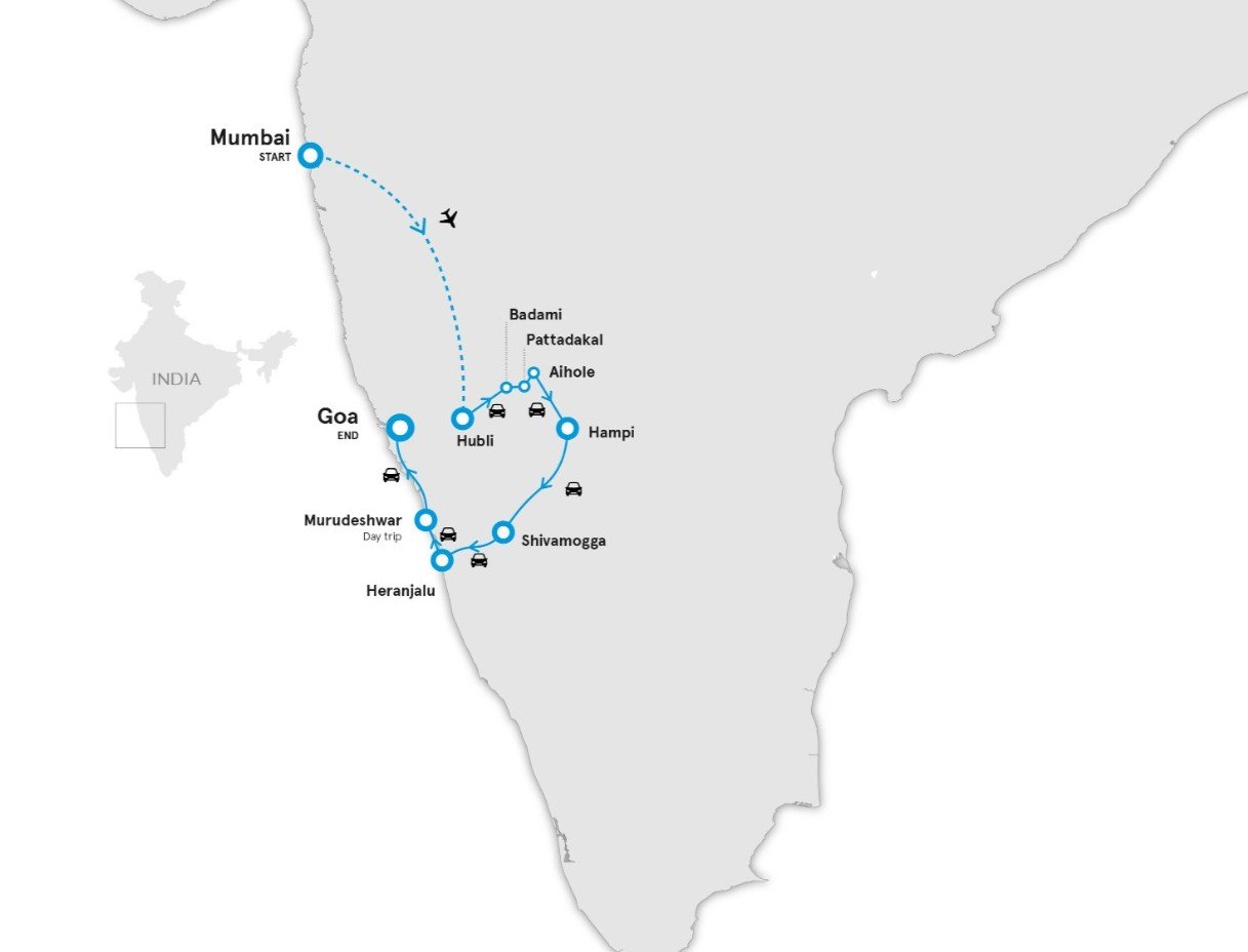 Travel route map of the Karnataka heritage circuit, highlighting the locations of Badami, Aihole, and Pattadakal.