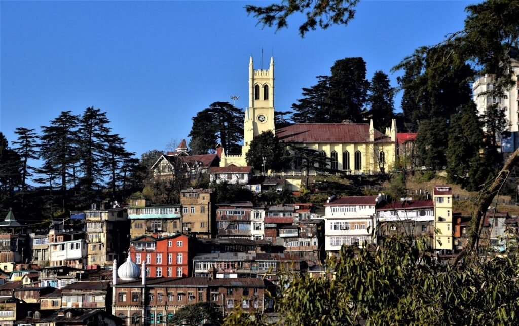 View of the Christ Church and the cityscape of Shimla, Himachal Pradesh, India.