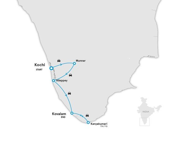 Travel route map of Kerala, India, highlighting key backwater destinations like Kochi, Alleppey, and Munnar.