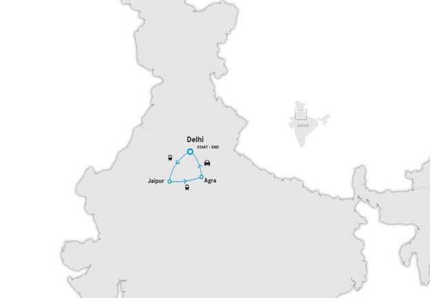 A map of India highlighting the Golden Triangle route connecting the major tourist cities of Delhi, Agra, and Jaipur.