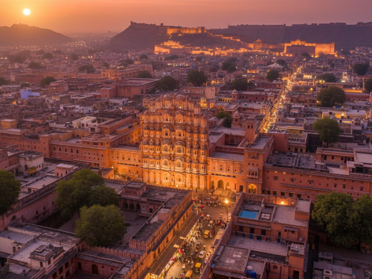 Illuminated Hawa Mahal glowing at sunset among the historic streets of Jaipur on a Jaipur Heritage Tour.