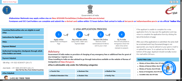 Official government e-Visa application portal showing steps for submitting travel documents to India.