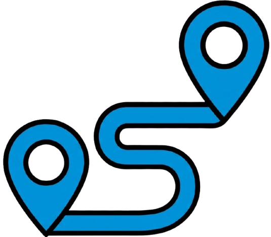 Travel route icon with two blue location pins joined by a winding path - Reality Tours and Travel tour planning